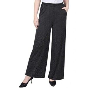 NY Collection Womens Petite Wide Leg Pant Pull On In Black White Taranto Dot PXL
